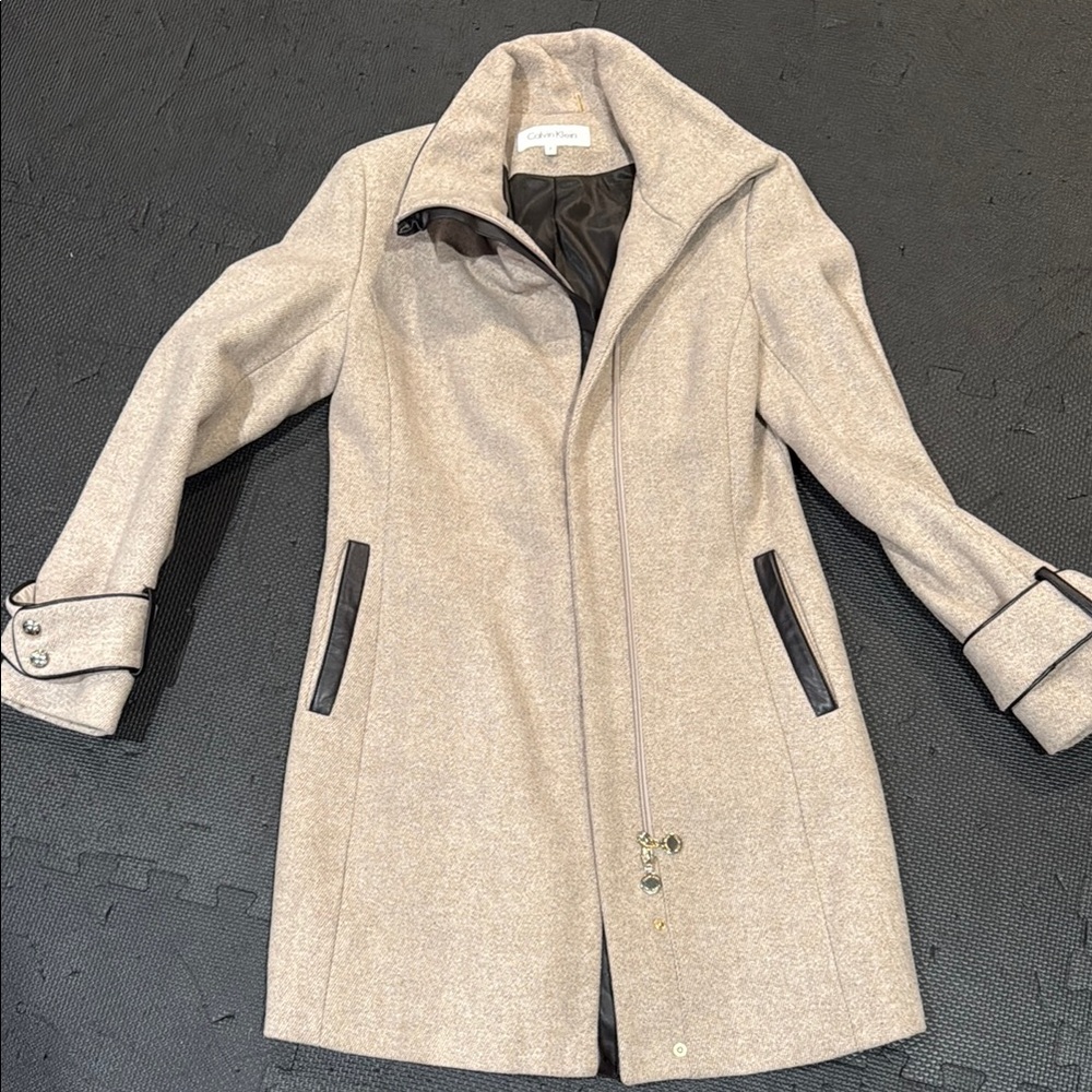 Calvin Klein Tan and brown faux leather  Trench Coat with Tailored Silhouette